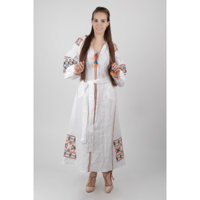 Boho Style Ukrainian Embroidered Maxi Dress White with Blue/Orange Embroidery